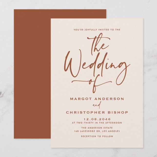 Boho Hand Lettered Calligraphy Terracotta Wedding Invitation (Front/Back)