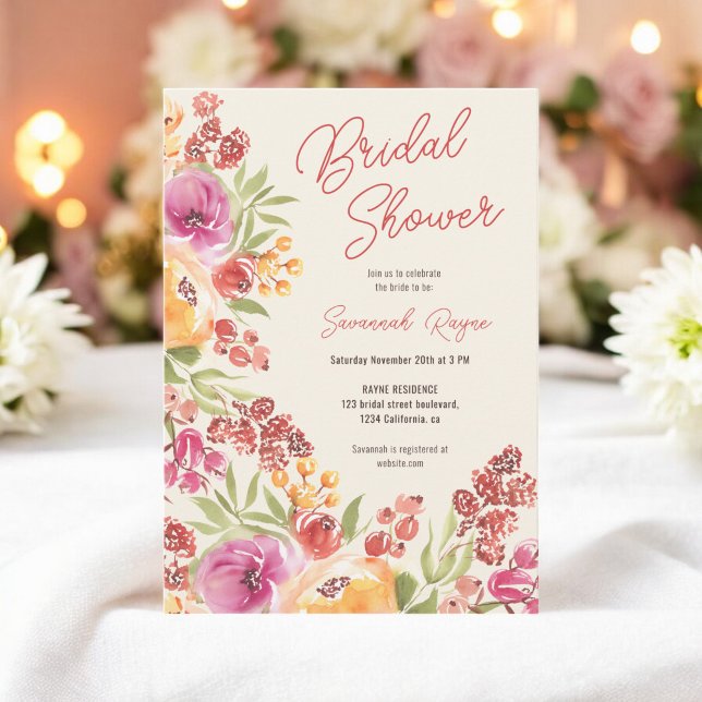 Boho Hand-Painted Watercolor Floral Bridal Shower Invitation (Boho Hand-Painted Watercolor Floral Bridal Shower Invitation)