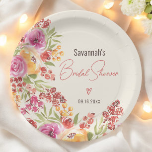 Boho Hand-Painted Watercolor Floral Bridal Shower Paper Plate