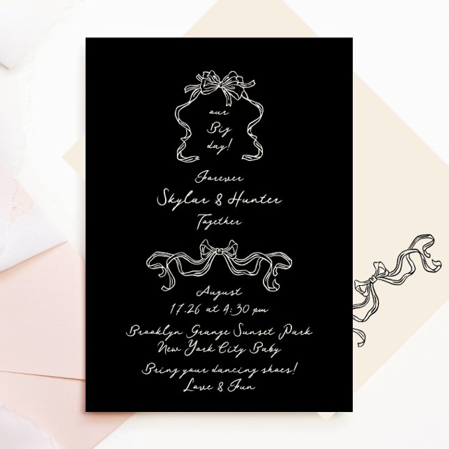 Boho Handwritten Retro Black & Cream Wedding Invitation (Creator Uploaded)