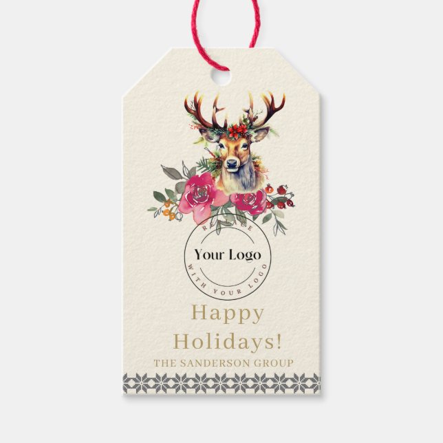 Boho Happy Holidays Business Logo Gift Tag (Front)