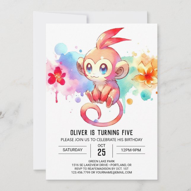 Boho Happy Monkey Birthday Invitation (Front)