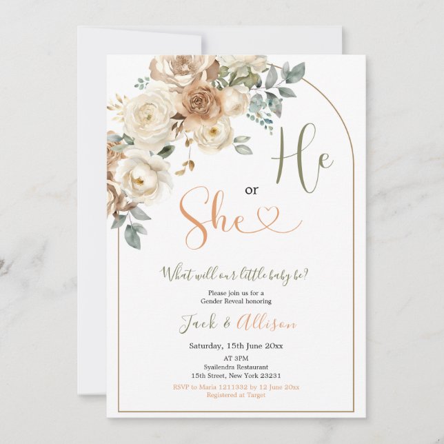 Boho He or She Rustic Autumn Floral Gender Reveal Invitation (Front)