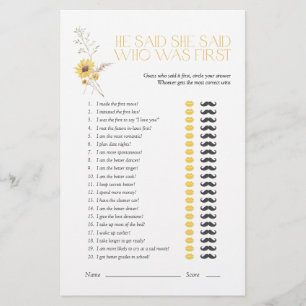 Boho He Said She Said Sunflower Bridal Shower Game