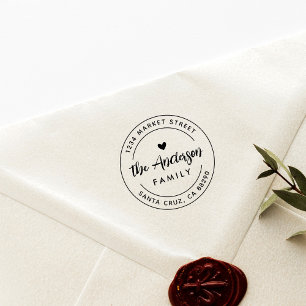 Boho Heart Round Family Name Return Address Rubber Stamp