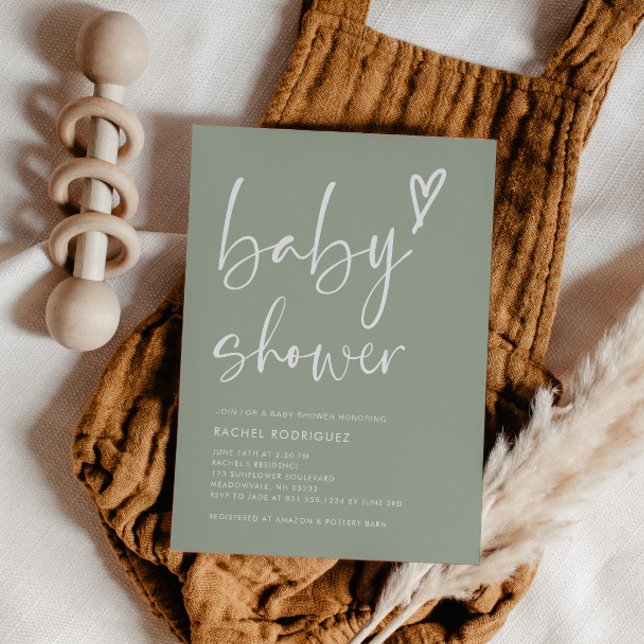 Boho Heart Sage Green Baby Shower Invitation (sage green baby shower invitation)