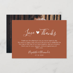 Boho Heart Script Earthy Terracotta Wedding Photo  Thank You Card