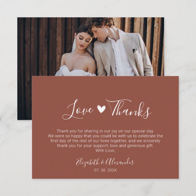 Boho Heart Script Earthy Terracotta Wedding Photo  Thank You Card (Front/Back)