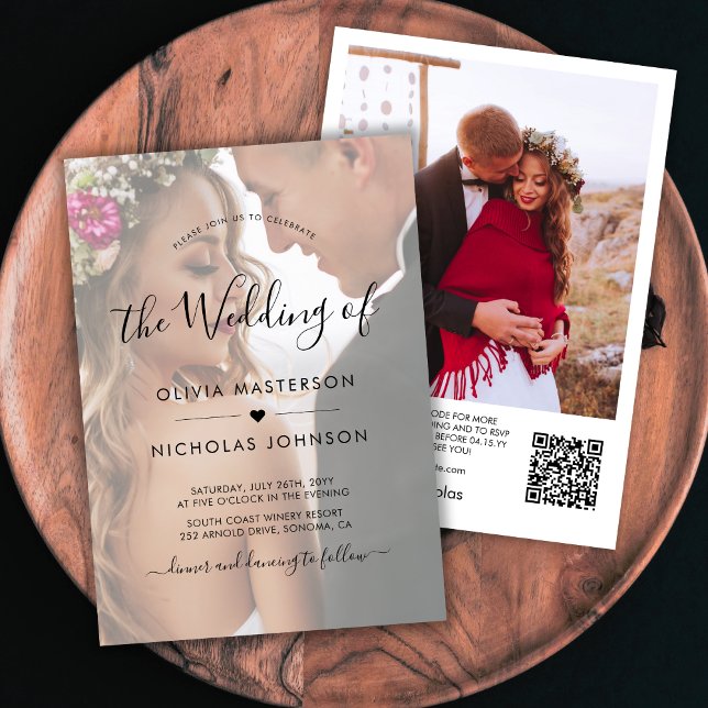Boho Heart Script Photo Overlay QR Code Wedding Invitation (Creator Uploaded)
