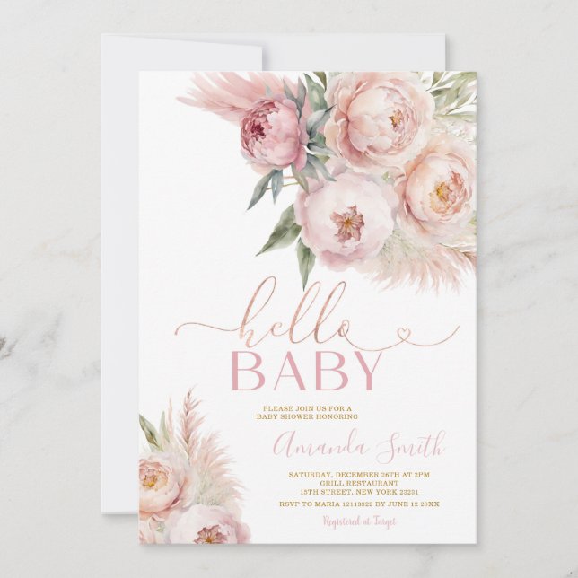 Boho Hello Baby Pink Roses Floral Girl Baby Shower Invitation (Front)