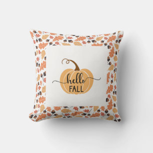 Boho Hello Fall Pumpkin with Autumn Leaves Cushion