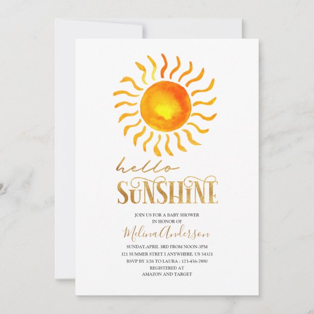 Boho  Hello Sunshine watercolor baby shower Invitation (Front)