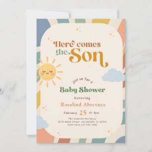 Boho Here Comes The Son Retro Sunshine Baby Shower Invitation
