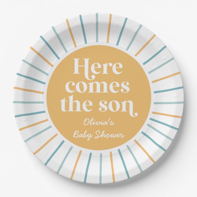 Boho Here Comes the Son sunshine baby shower Paper Plate (Front)