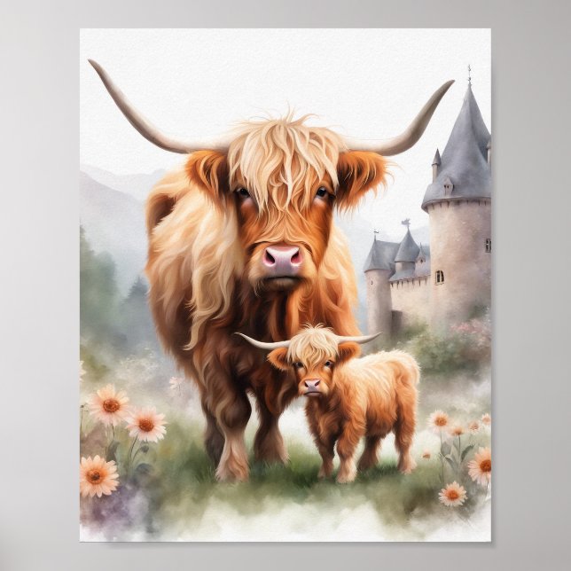 Boho highland cow art print, highland cow decor (Front)
