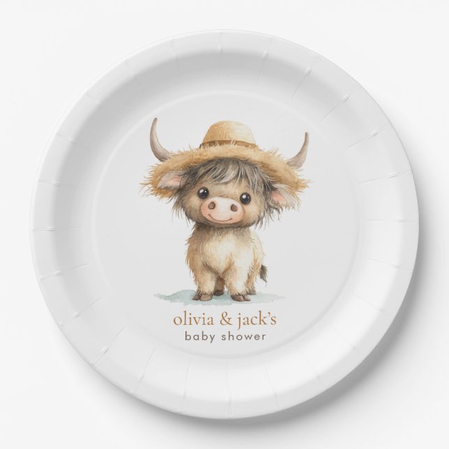 Boho Highland Cow Baby Shower Paper Plate (Front)