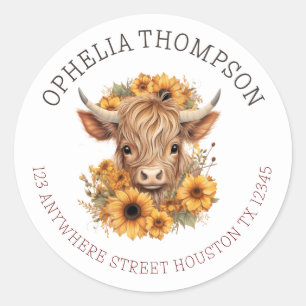Boho Highland Cow Baby Shower Return Address Classic Round Sticker