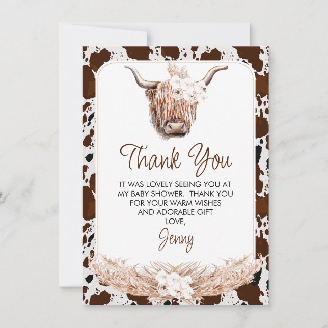 Boho Highland Cow Baby Shower Thank You Card (Front)