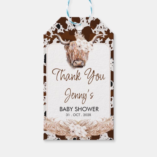 Boho Highland Cow Baby Shower Thank You Tag (Front)