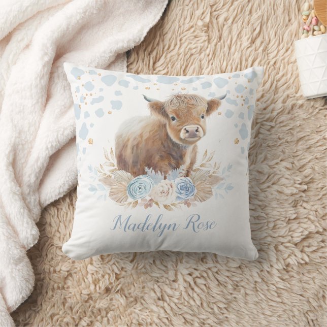Boho Highland Cow Blue Gold Floral Baby Boy Cushion (Blanket)