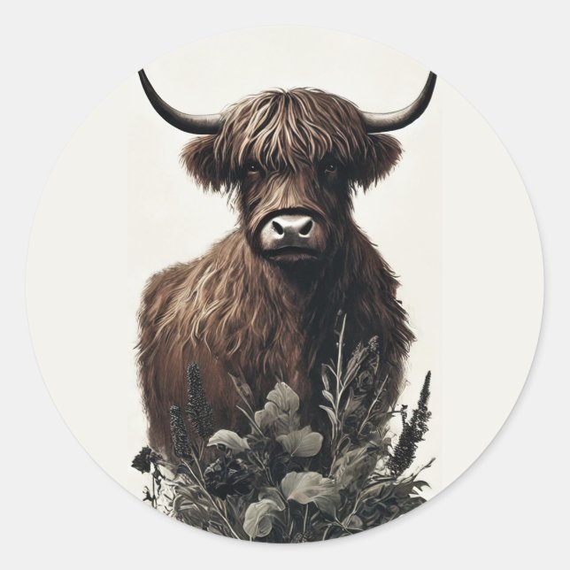 Boho Highland Cow Classic Round Sticker (Front)