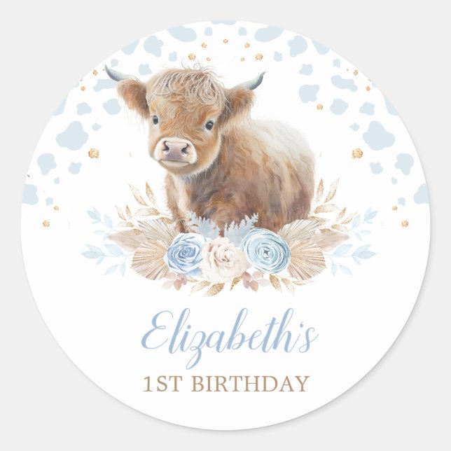 Boho Highland Cow Floral Pampas Grass 1st Birthday Classic Round Sticker (Front)