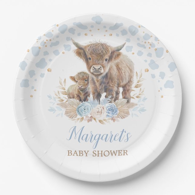 Boho Highland Cow Floral Pampas Grass Baby Boy Paper Plate (Front)