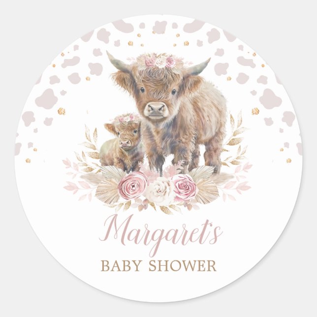 Boho Highland Cow Floral Pampas Grass Baby Girl Classic Round Sticker (Front)