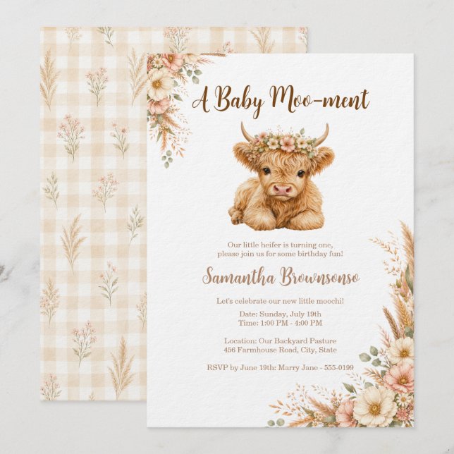 Boho Highland Cow Gingham Floral Birthday Invitation (Front/Back)