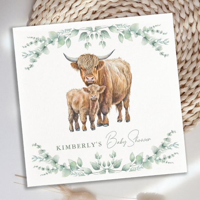 Boho Highland Cow Greenery Farm Animal Baby Shower Napkin (Creator Uploaded)
