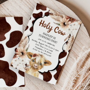 Boho Highland Cow I'm One Girl First Birthday Invitation