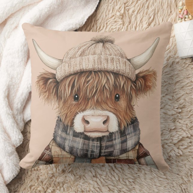 Boho Highland Cow in Hat Cream Cushion (Blanket)