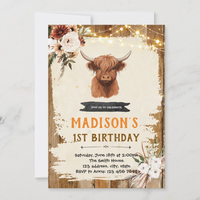 Boho highland cow invitation (Front)
