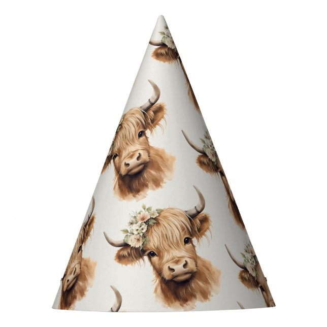 Boho Highland Cow Kids Birthday  Party Hat (Front)