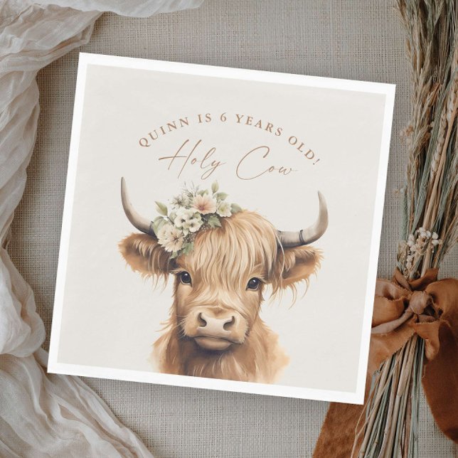 Boho Highland Cow Kids Birthday Party Napkin (Boho highland cow kids girls birthday party napkins.)