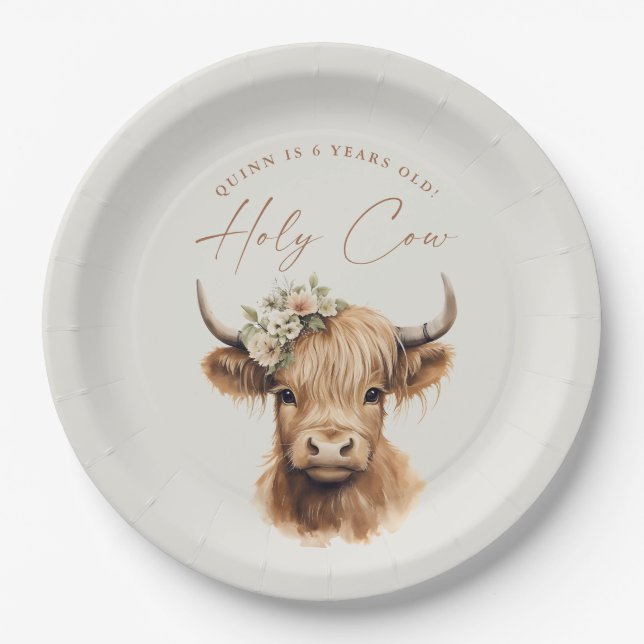Boho Highland Cow Kids Birthday Party Paper Plate (Front)