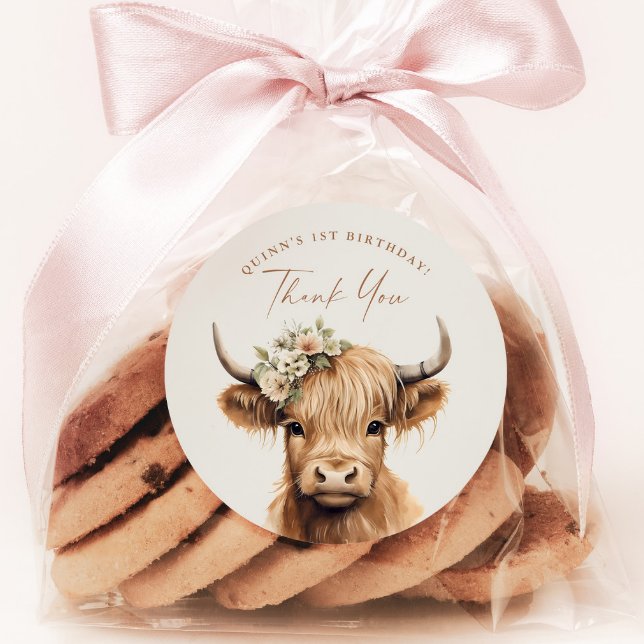 Boho Highland Cow Kids Birthday Party Thank You Classic Round Sticker (Highland Cow Kids Birthday Party Favor or Envelope Tag Thank You Sticker.)