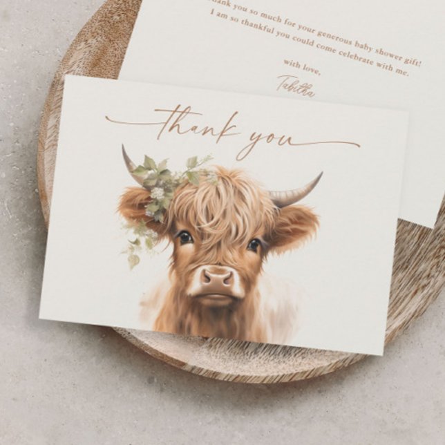 Boho Highland Cow Neutral Couples Baby Shower Thank You Card (Boho highland cow baby shower thank you card.)
