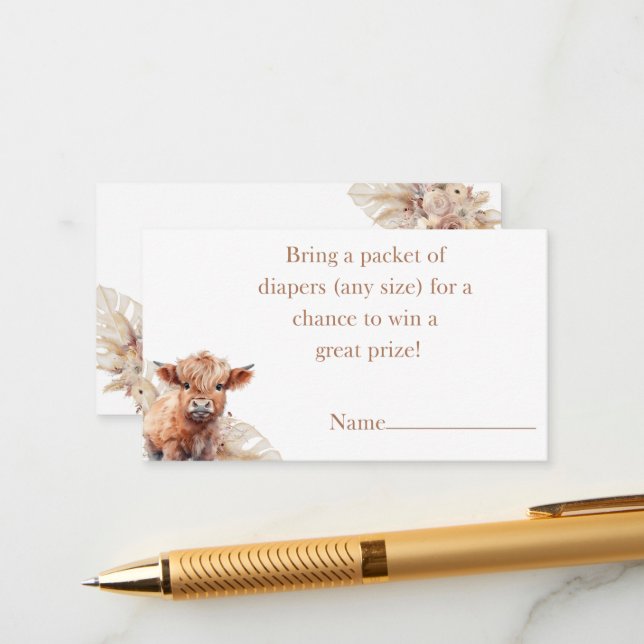 Boho Highland Cow pampas grass diaper raffle Enclosure Card (Front/Back In Situ)