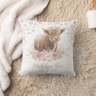 Boho Highland Cow Pink Gold Floral Baby Girl Cushion