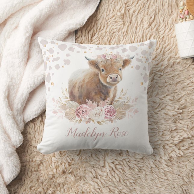 Boho Highland Cow Pink Gold Floral Baby Girl Cushion (Blanket)