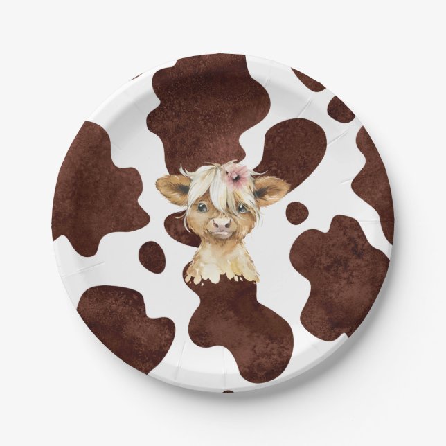 Boho Highland Cow Print Paper Plates (Front)