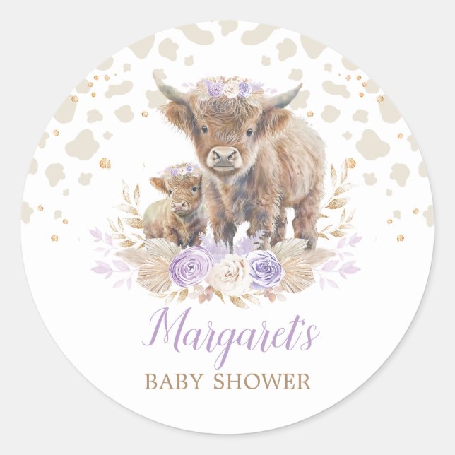 Boho Highland Cow Purple Roses Floral Baby Girl Classic Round Sticker (Front)