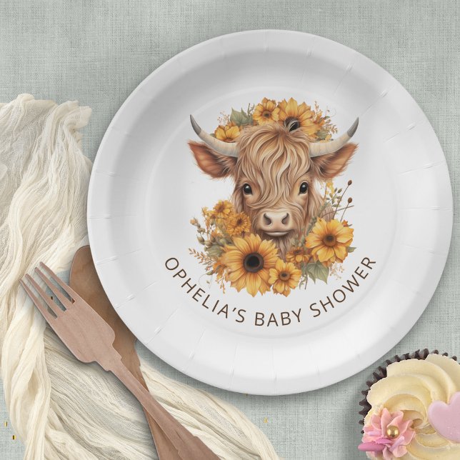 Boho Highland Cow Sunflowers Baby Shower Paper Plate (Creator Uploaded)