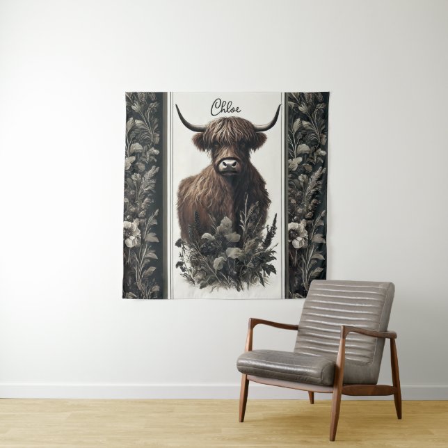 Boho Highland Cow Tapestry (In Situ)
