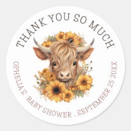 Boho Highland Cow Thank You Baby Shower Classic Round Sticker