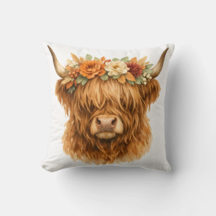 Boho Highland Cow Throw Pillow with Floral Crown