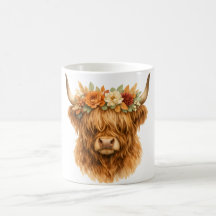 Boho Highland Cow Throw Pillow with Floral Crown |
