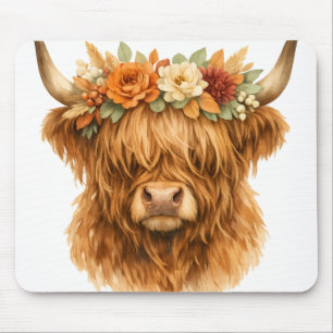 Boho Highland Cow Throw Pillow with Floral Crown Mouse Mat