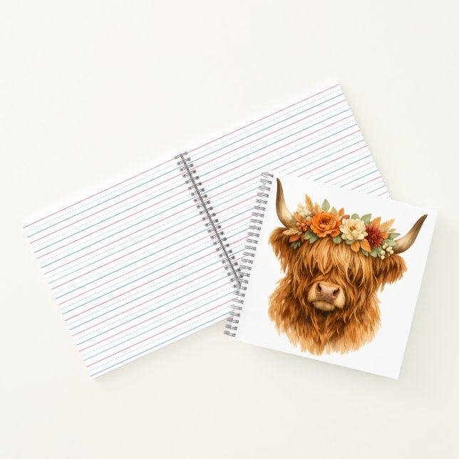 Boho Highland Cow Throw Pillow with Floral Crown | Notebook (Inside)